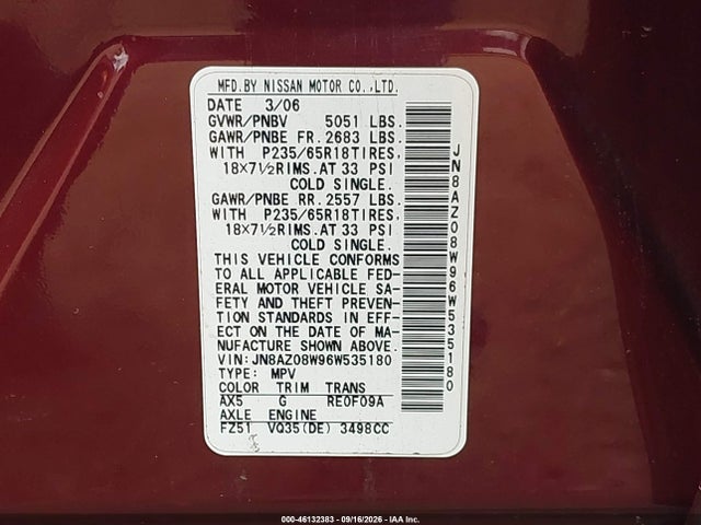 Aukcja sprzedaży 2006 Nissan Murano Sl, vin: JN8AZ08W96W535180, numer aukcji: 46132383