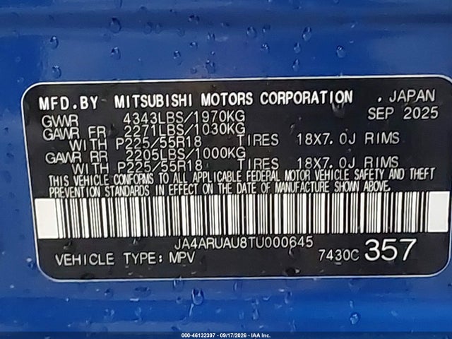 2026 Mitsubishi Outlander Sport მანქანა იყიდება აუქციონზე, vin: JA4ARUAU8TU000645, აუქციონის ნომერი: 46132397
