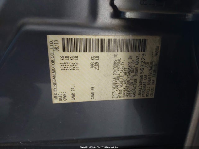 Aukcja sprzedaży 2010 Nissan Altima 2.5 S, vin: 1N4AL2APXAN563229, numer aukcji: 46132399