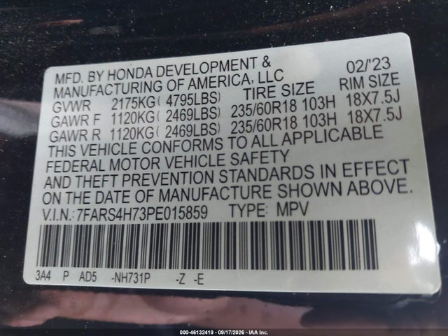 46132419 :رقم المزاد ، 7FARS4H73PE015859 vin ، 2023 Honda Cr-v Ex-l Awd مزاد بيع