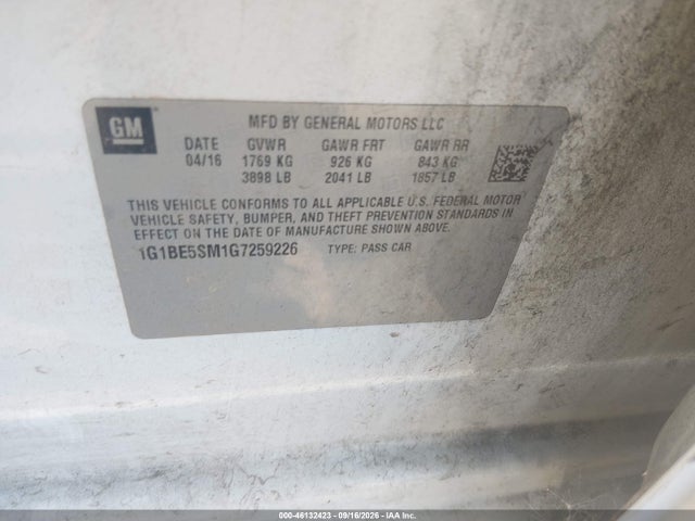 2016 Chevrolet Cruze Lt Auto მანქანა იყიდება აუქციონზე, vin: 1G1BE5SM1G7259226, აუქციონის ნომერი: 46132423