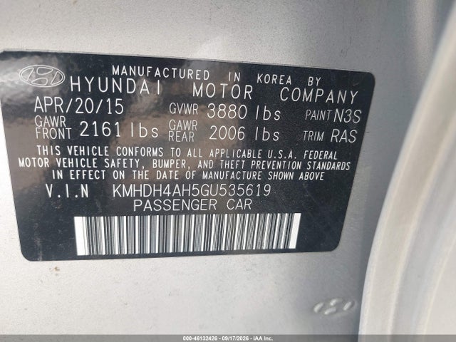 Aukcja sprzedaży 2016 Hyundai Elantra Sport, vin: KMHDH4AH5GU535619, numer aukcji: 46132426