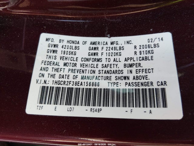 2014 Honda Accord Lx მანქანა იყიდება აუქციონზე, vin: 1HGCR2F38EA156886, აუქციონის ნომერი: 46132431