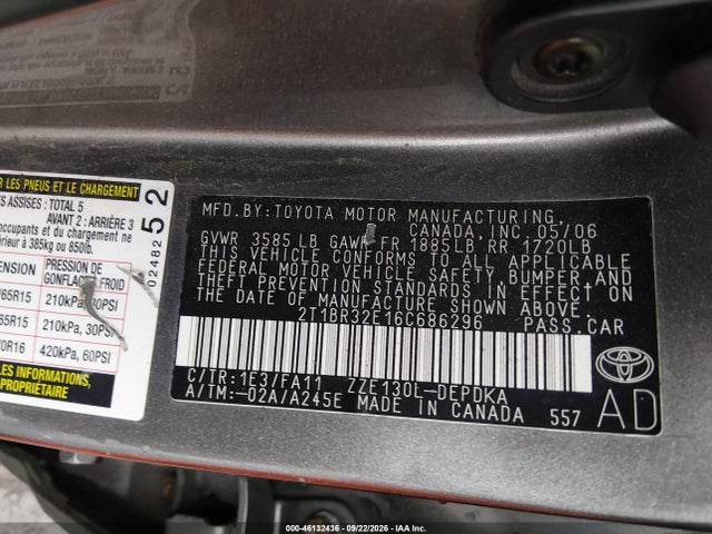 Продаж на аукціоні авто 2006 Toyota Corolla Ce, vin: 2T1BR32E16C686296, номер лоту: 46132436
