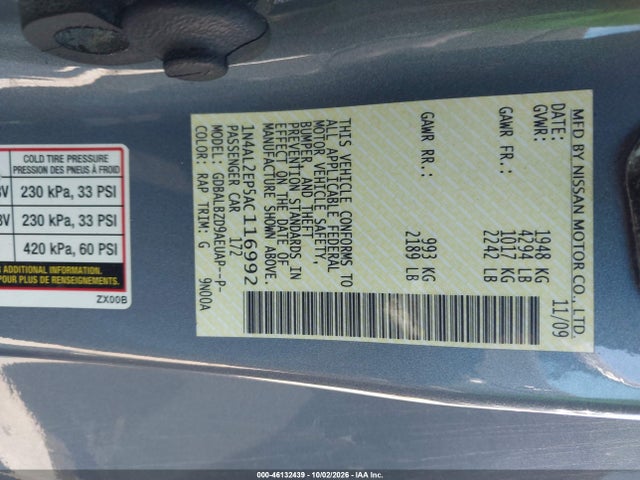 46132439 :رقم المزاد ، 1N4AL2EP5AC116992 vin ، 2010 Nissan Altima 2.5 S مزاد بيع