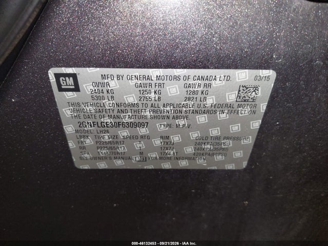 Продажа на аукционе авто 2015 Chevrolet Equinox 2lt, vin: 2GNFLGE30F6309097, номер лота: 46132453