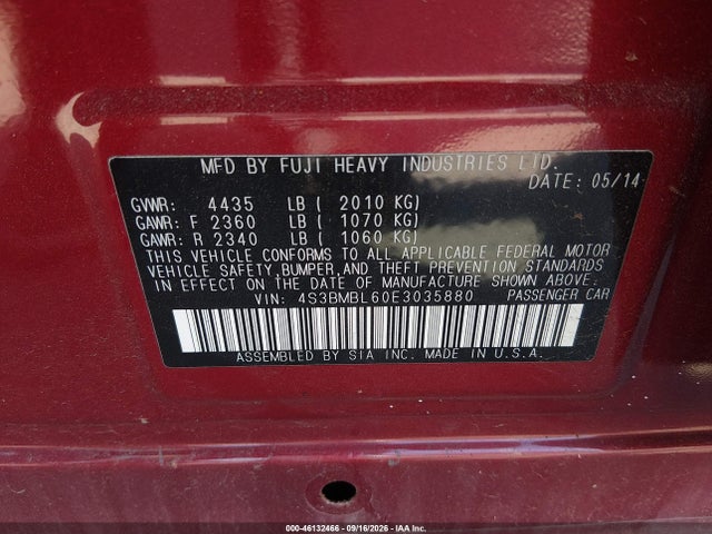 46132466 :رقم المزاد ، 4S3BMBL60E3035880 vin ، 2014 Subaru Legacy 2.5i Limited مزاد بيع