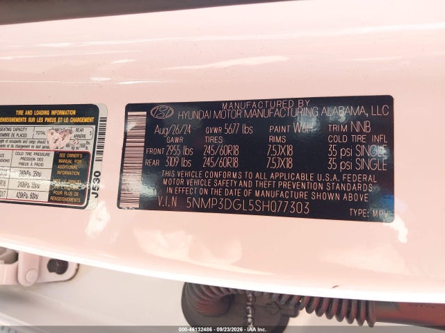 2025 Hyundai Santa Fe Xrt მანქანა იყიდება აუქციონზე, vin: 5NMP3DGL5SH077303, აუქციონის ნომერი: 46132486