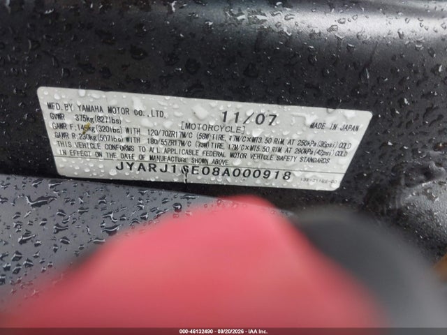 Aukcja sprzedaży 2008 Yamaha Yzfr6, vin: JYARJ16E08A000918, numer aukcji: 46132490