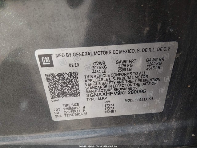 Auction sale of the 2019 Chevrolet Equinox Ls, vin: 3GNAXHEV9KL280095, lot number: 46132491