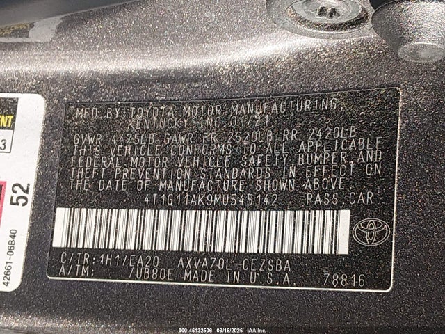 Aukcja sprzedaży 2021 Toyota Camry Se, vin: 4T1G11AK9MU545142, numer aukcji: 46132506