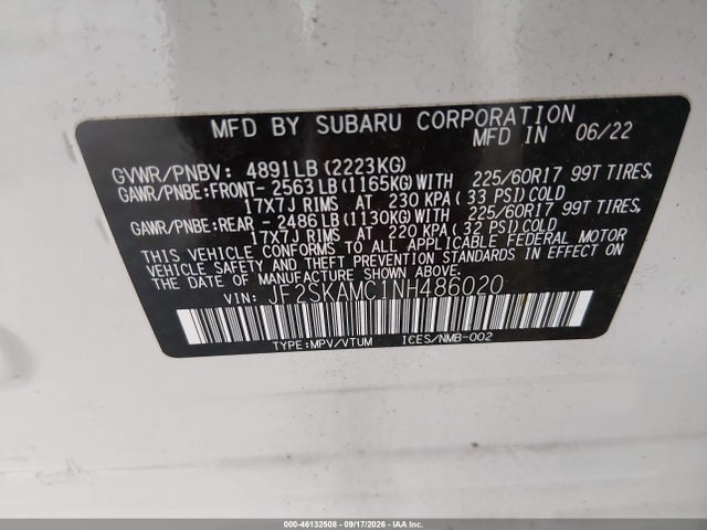 2022 Subaru Forester Wilderness მანქანა იყიდება აუქციონზე, vin: JF2SKAMC1NH486020, აუქციონის ნომერი: 46132508