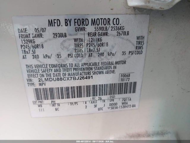 Продаж на аукціоні авто 2007 Lincoln Mkx, vin: 2LMDU88CX7BJ26491, номер лоту: 46132514