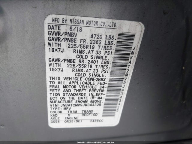 2018 Nissan Rogue Sl მანქანა იყიდება აუქციონზე, vin: JN8AT2MV9JW343325, აუქციონის ნომერი: 46132519