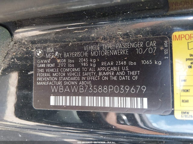 Продаж на аукціоні авто 2008 Bmw 335i, vin: WBAWB73588P039679, номер лоту: 46132533