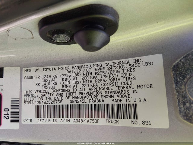 Aukcja sprzedaży 2008 Toyota Tacoma Base V6, vin: 5TELU42N48Z528766, numer aukcji: 46132557