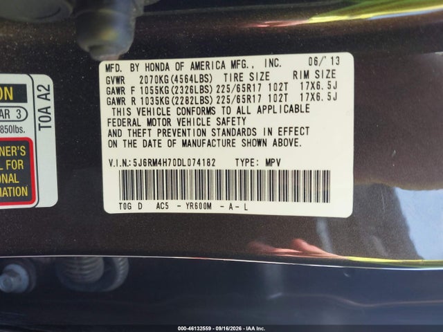 2013 Honda Cr-v Ex-l მანქანა იყიდება აუქციონზე, vin: 5J6RM4H70DL074182, აუქციონის ნომერი: 46132559