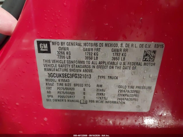 46132569 :رقم المزاد ، 3GCUKSEC3FG321013 vin ، 2015 Chevrolet Silverado 1500 1lz مزاد بيع