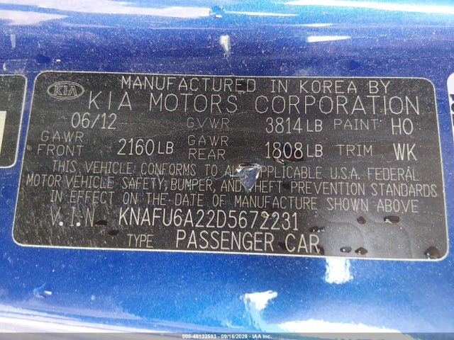 46132593 :رقم المزاد ، KNAFU6A22D5672231 vin ، 2013 Kia Forte Koup Ex مزاد بيع