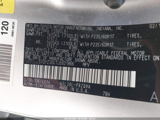 46132599 :رقم المزاد ، 5TDYZ3DC1JS921866 vin ، 2018 Toyota Sienna Xle 8 Passenger مزاد بيع