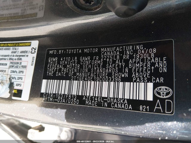 Продажа на аукционе авто 2009 Toyota Matrix Xrs, vin: 2T1GE40E19C003396, номер лота: 46132601
