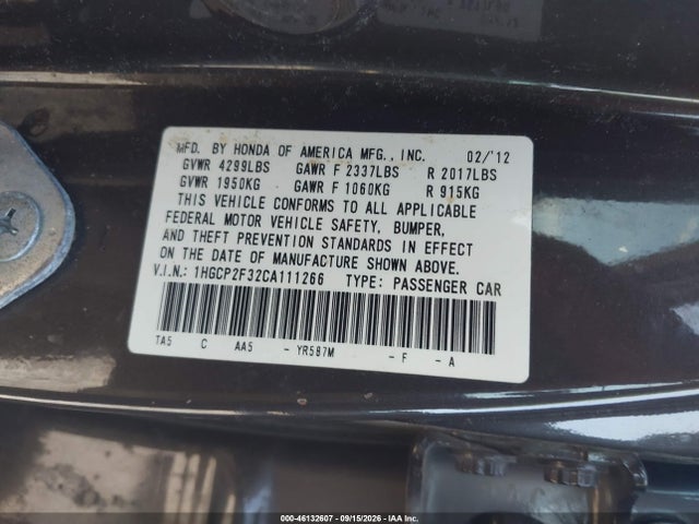 2012 Honda Accord 2.4 Lx მანქანა იყიდება აუქციონზე, vin: 1HGCP2F32CA111266, აუქციონის ნომერი: 46132607
