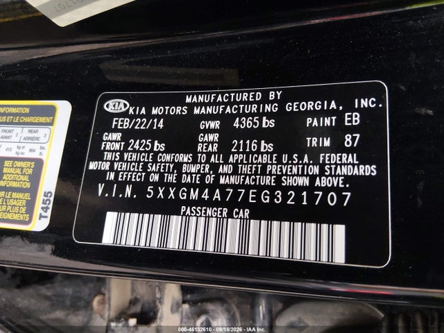 2014 Kia Optima Lx მანქანა იყიდება აუქციონზე, vin: 5XXGM4A77EG321707, აუქციონის ნომერი: 46132610