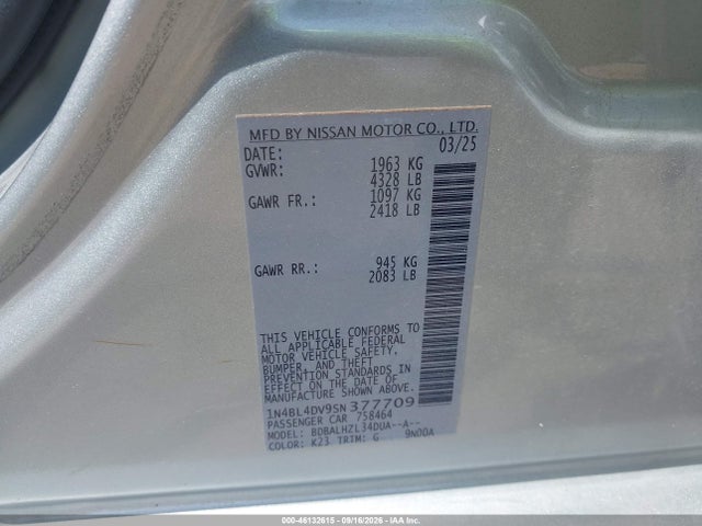 Продажа на аукционе авто 2025 Nissan Altima Sv Fwd, vin: 1N4BL4DV9SN377709, номер лота: 46132615