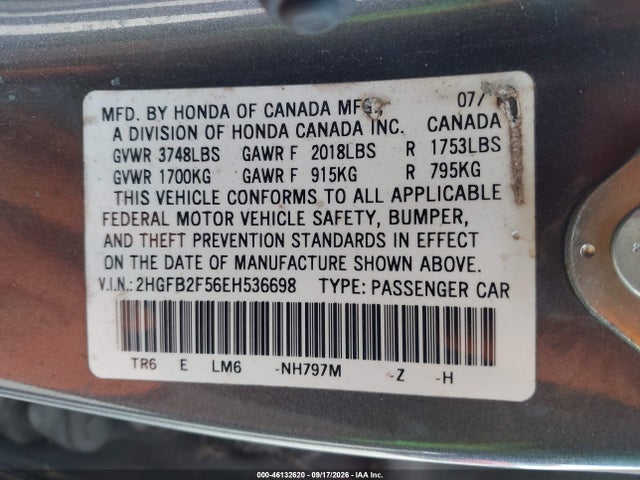 46132620 :رقم المزاد ، 2HGFB2F56EH536698 vin ، 2014 Honda Civic Lx مزاد بيع