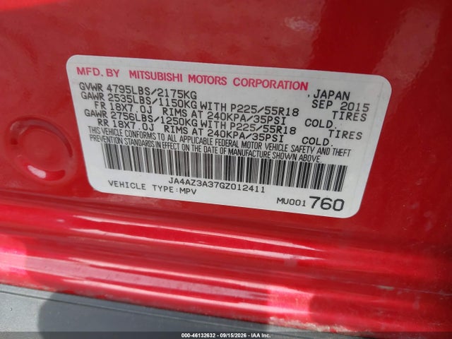 46132632 :رقم المزاد ، JA4AZ3A37GZ012411 vin ، 2016 Mitsubishi Outlander Sel مزاد بيع