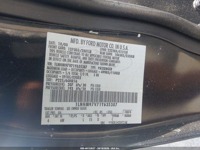 Продаж на аукціоні авто 2001 Lincoln Continental, vin: 1LNHM97V71Y635387, номер лоту: 46132637