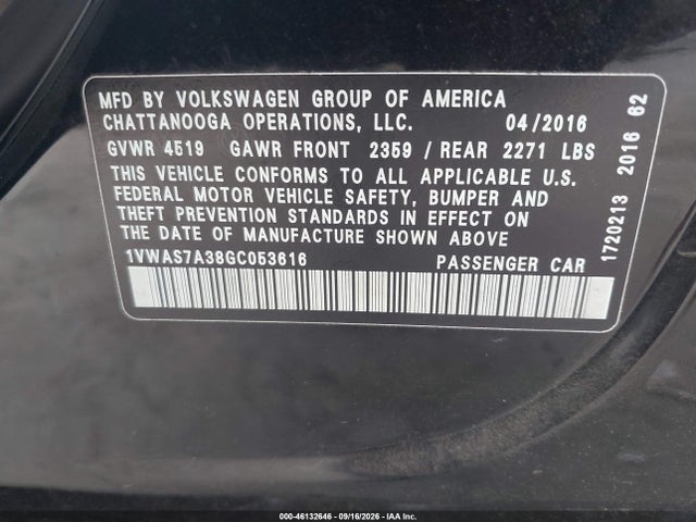 46132646 :رقم المزاد ، 1VWAS7A38GC053616 vin ، 2016 Volkswagen Passat 1.8t S مزاد بيع