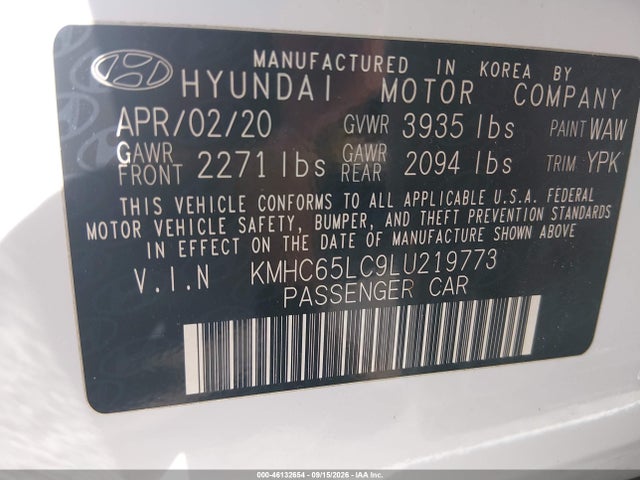 Продаж на аукціоні авто 2020 Hyundai Ioniq Hybrid Blue, vin: KMHC65LC9LU219773, номер лоту: 46132654