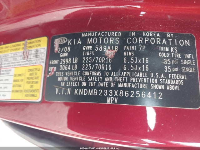 46132693 :رقم المزاد ، KNDMB233X86256412 vin ، 2008 Kia Sedona Lx مزاد بيع
