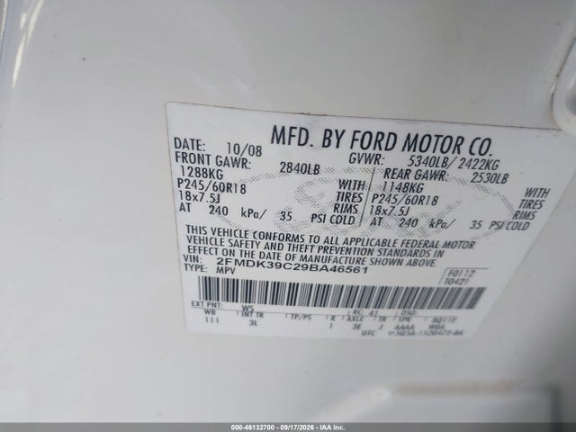 46132700 :رقم المزاد ، 2FMDK39C29BA46561 vin ، 2009 Ford Edge Limited مزاد بيع
