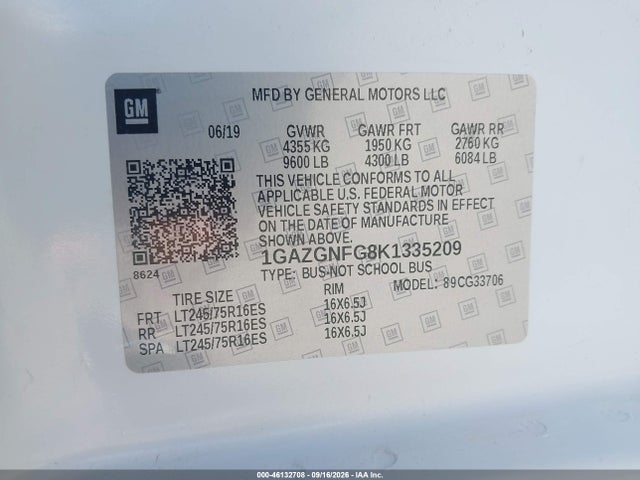46132708 :رقم المزاد ، 1GAZGNFG8K1335209 vin ، 2019 Chevrolet Express 3500 Ls مزاد بيع