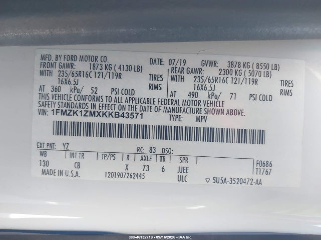 Продаж на аукціоні авто 2019 Ford Transit-150 Xl, vin: 1FMZK1ZMXKKB43571, номер лоту: 46132710