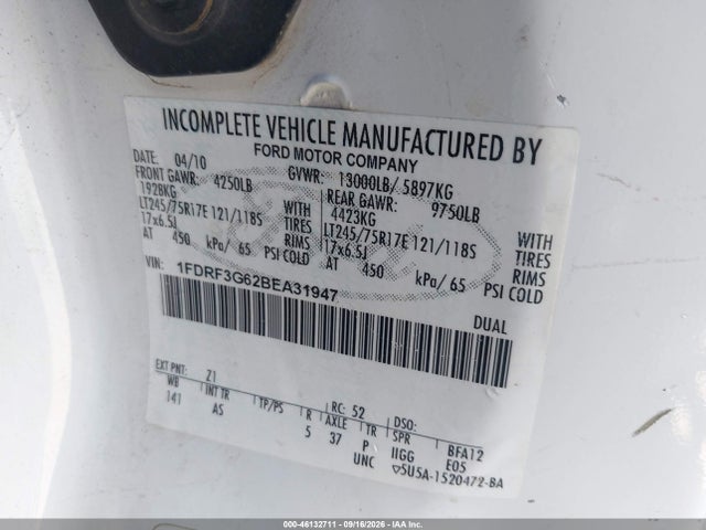 46132711 :رقم المزاد ، 1FDRF3G62BEA31947 vin ، 2011 Ford F-350 Chassis Xl مزاد بيع