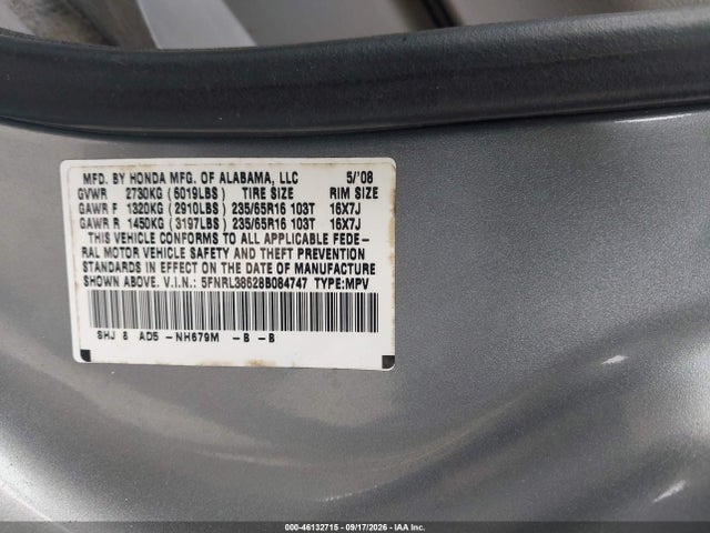 46132715 :رقم المزاد ، 5FNRL38628B084747 vin ، 2008 Honda Odyssey Ex-l مزاد بيع