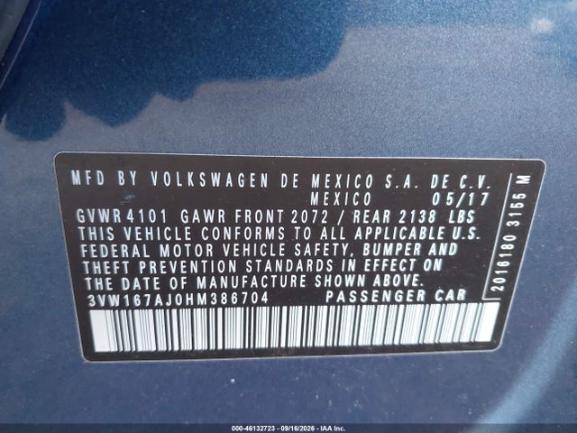 46132723 :رقم المزاد ، 3VW167AJ0HM386704 vin ، 2017 Volkswagen Jetta 1.4t S مزاد بيع