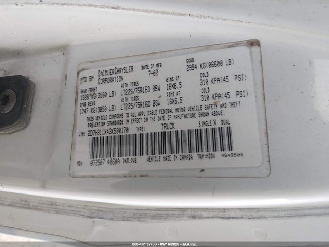 46132733 :رقم المزاد ، 2D7HB11X43K500170 vin ، 2003 Dodge Ram Van 1500 Conversion مزاد بيع