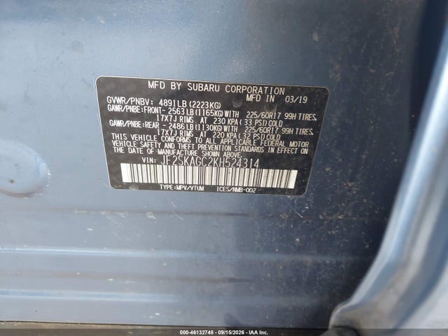 Aukcja sprzedaży 2019 Subaru Forester Premium, vin: JF2SKAGC2KH524314, numer aukcji: 46132748