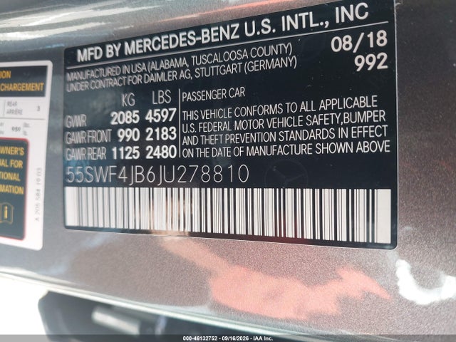 Продажа на аукционе авто 2018 Mercedes-benz C 300, vin: 55SWF4JB6JU278810, номер лота: 46132752