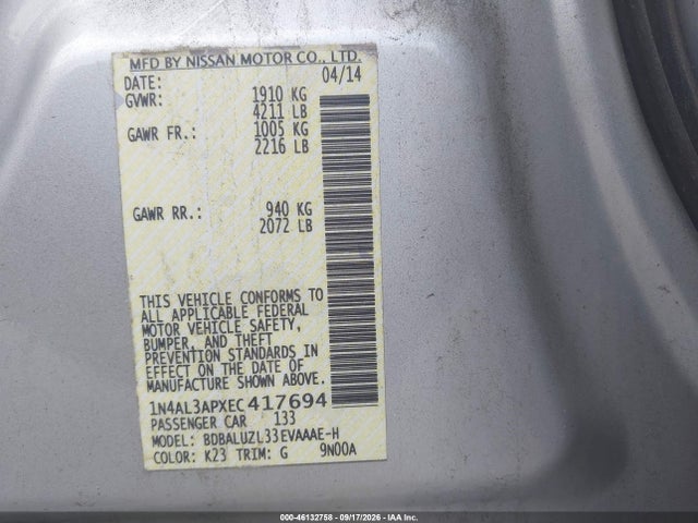 Продаж на аукціоні авто 2014 Nissan Altima 2.5 Sv, vin: 1N4AL3APXEC417694, номер лоту: 46132758