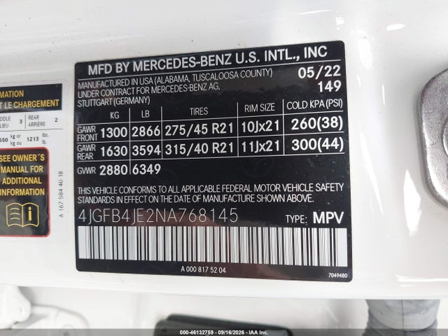 46132759 :رقم المزاد ، 4JGFB4JE2NA768145 vin ، 2022 Mercedes-benz Gle 350 مزاد بيع