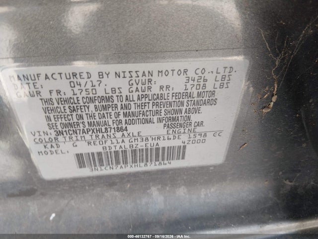 46132767 :رقم المزاد ، 3N1CN7APXHL871864 vin ، 2017 Nissan Versa 1.6 Sv مزاد بيع