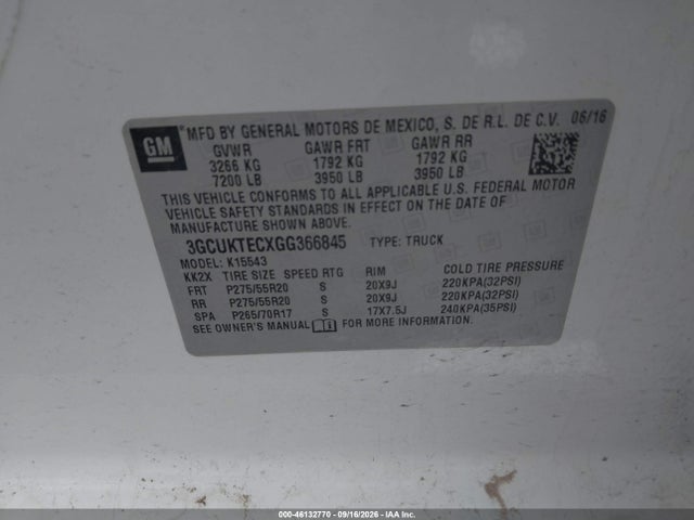 Aukcja sprzedaży 2016 Chevrolet Silverado 1500, vin: 3GCUKTECXGG366845, numer aukcji: 46132770