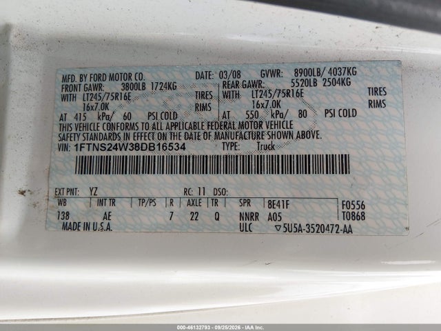2008 Ford E-250 Commercial/recreational მანქანა იყიდება აუქციონზე, vin: 1FTNS24W38DB16534, აუქციონის ნომერი: 46132793