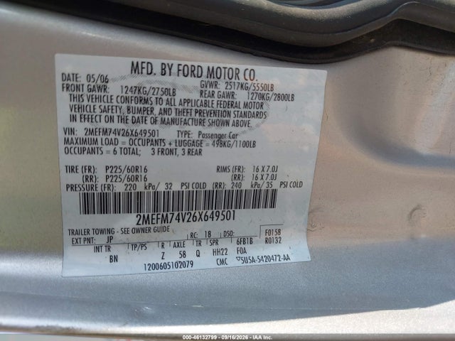 Продаж на аукціоні авто 2006 Mercury Grand Marquis Gs, vin: 2MEFM74V26X649501, номер лоту: 46132799