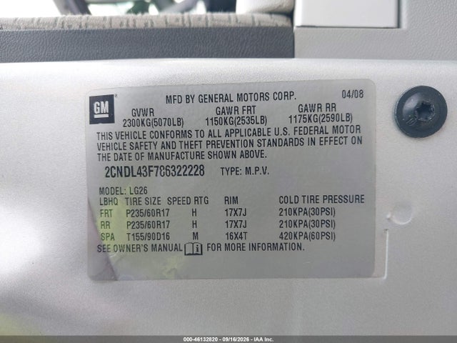 Продажа на аукционе авто 2008 Chevrolet Equinox Lt, vin: 2CNDL43F786322228, номер лота: 46132820
